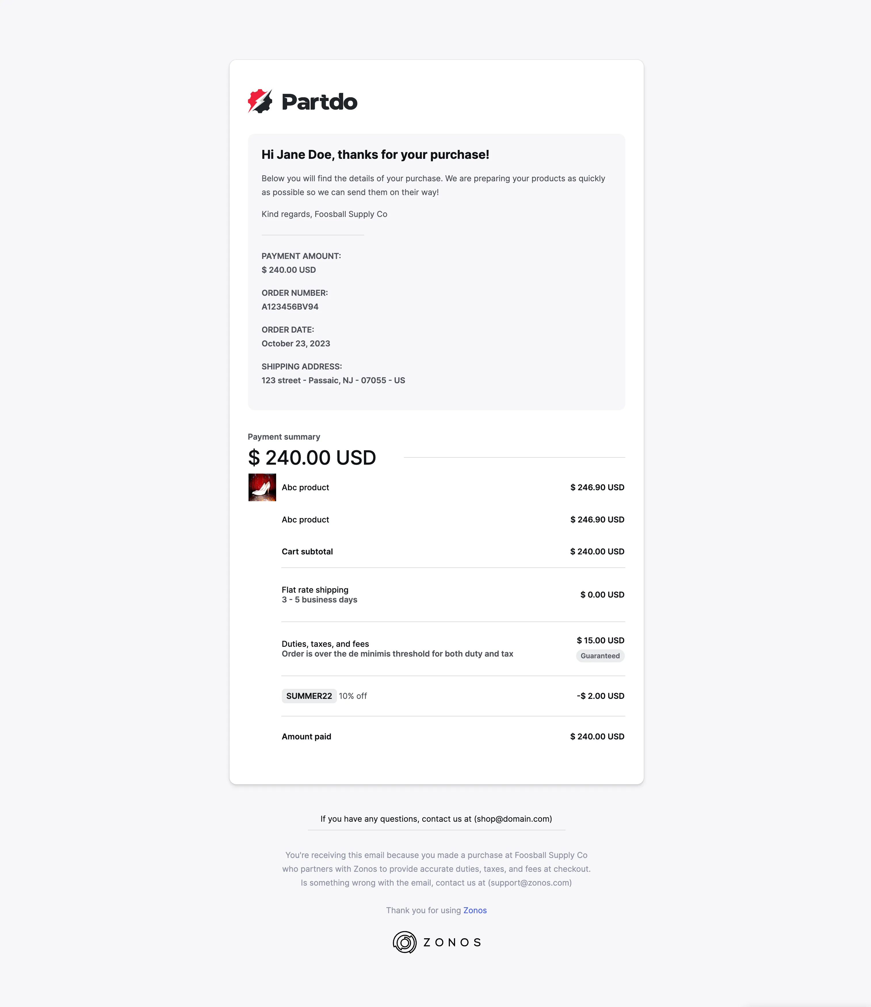 Voorbeeld van Zonos orderbon-e-mail