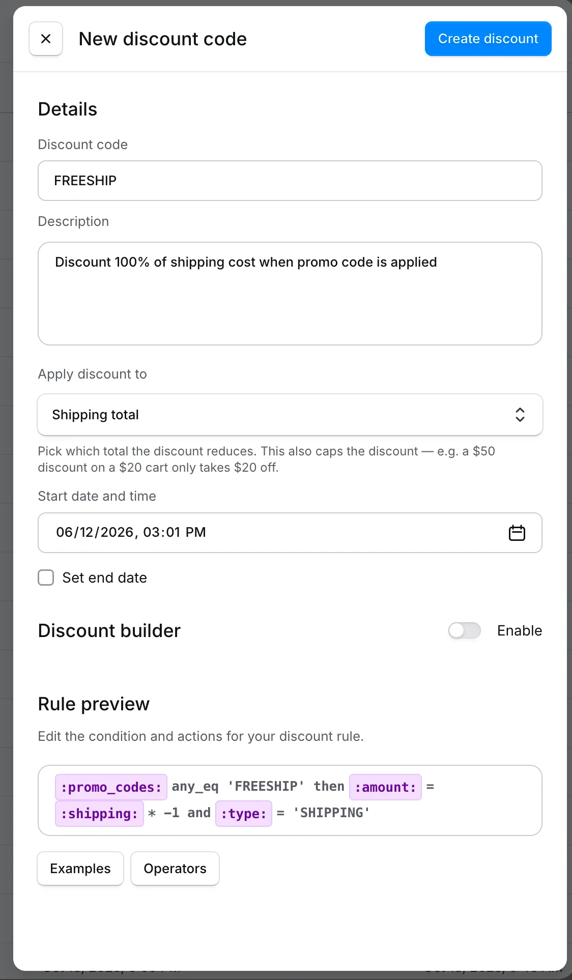 Discount builder-sectie met de Enable-schakelaar uitgeschakeld, builder-velden verborgen en de rule preview bewerkbaar.