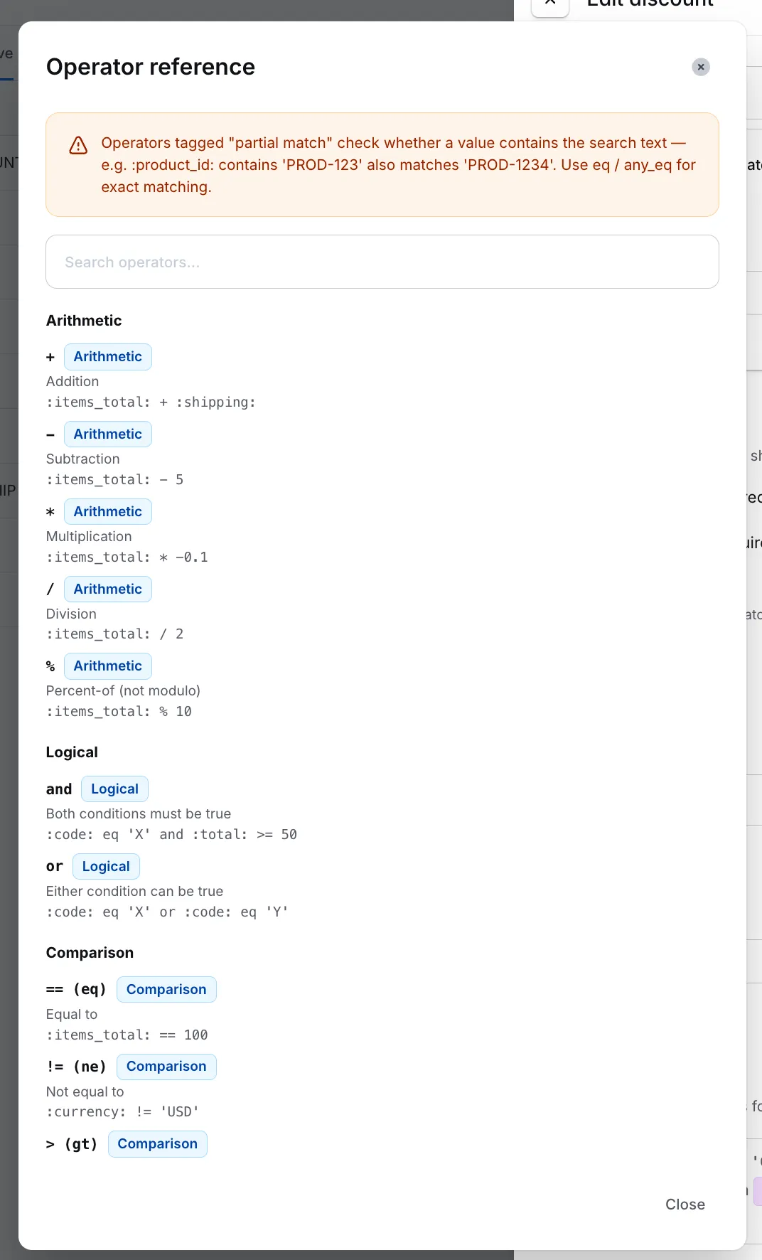 Operatorreferentiedialoog met rekenkundige, logische en vergelijkingsoperators met gebruiksvoorbeelden.