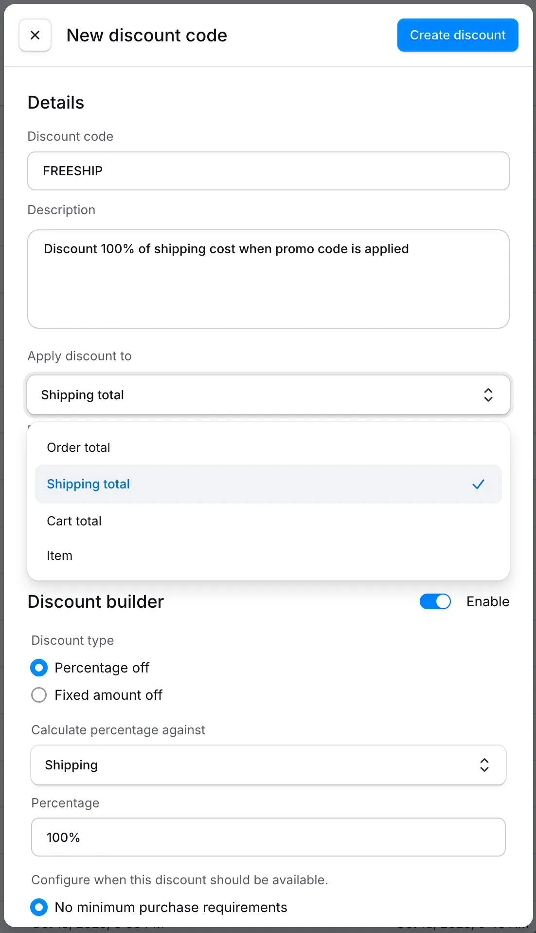 Apply-discount-to-dropdown met opties Order total, Shipping total, Cart total en Item.