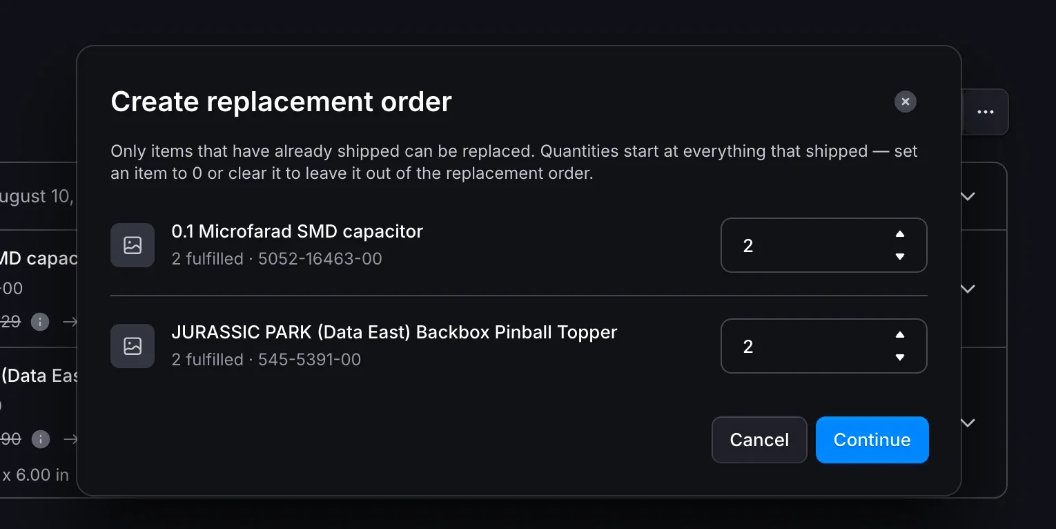 De dialoog Create replacement order met een lijst van gefulfilde artikelen
met een hoeveelheid voor elk