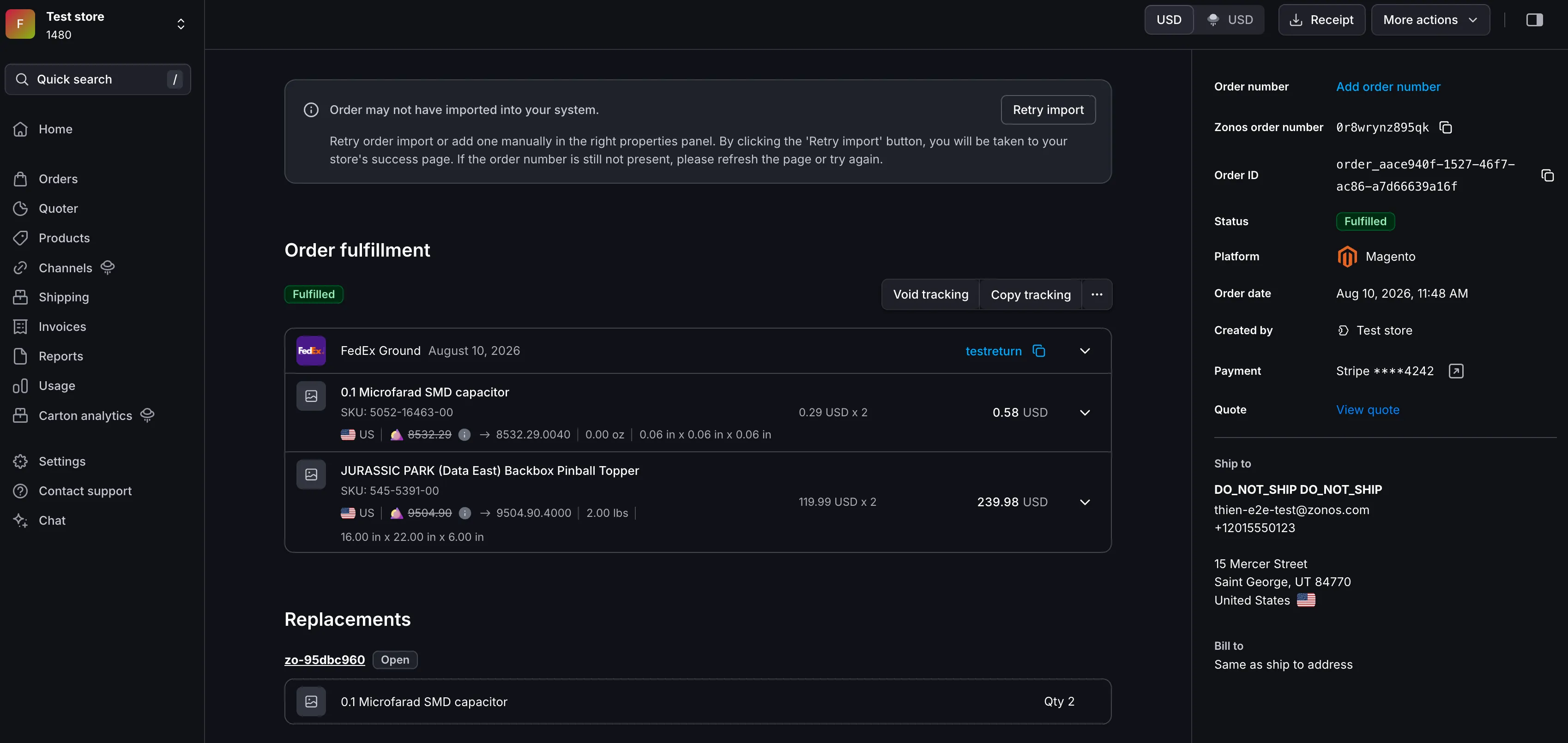 De sectie Replacements op een oorspronkelijke order, met het nummer van de
vervangende order, de status en de artikelen