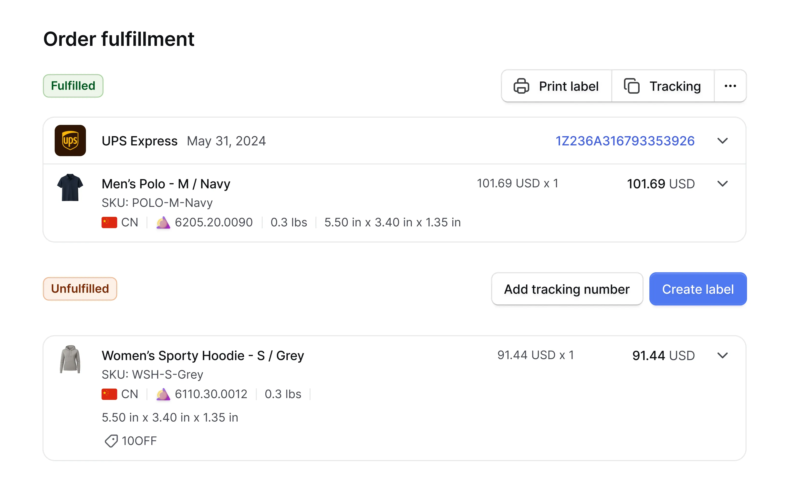 Orderfulfillment-interface met zendingdetails