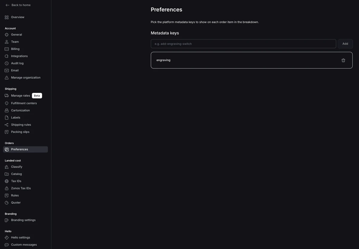 Ordervoorkeurenpagina met metadata-sleutelinvoer en opgeslagen sleutel