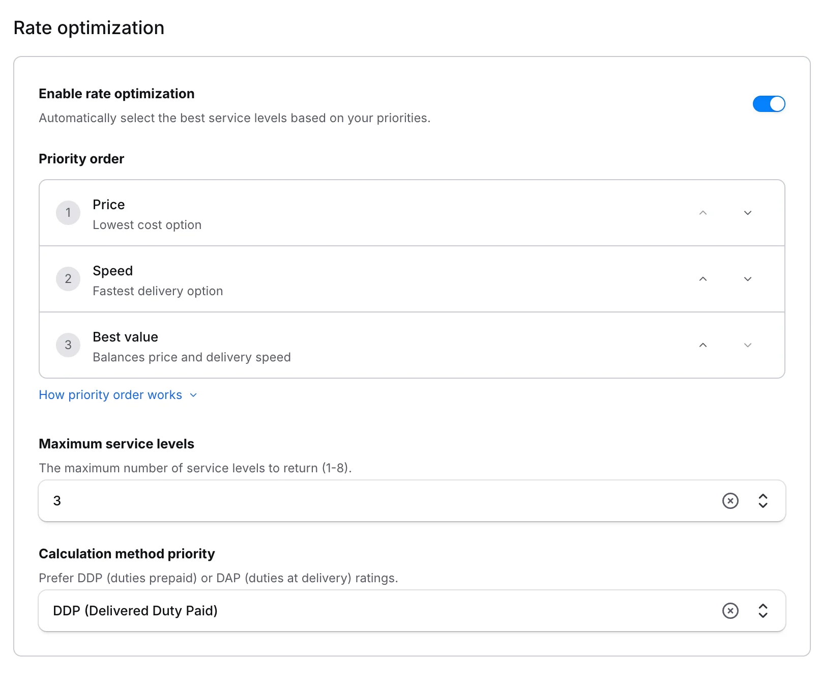 Rate optimization ingeschakeld met prioriteit, max serviceniveaus en berekeningsmethode