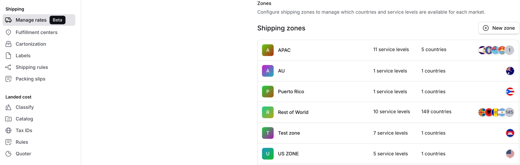 Verzendzones op de Manage rates-pagina