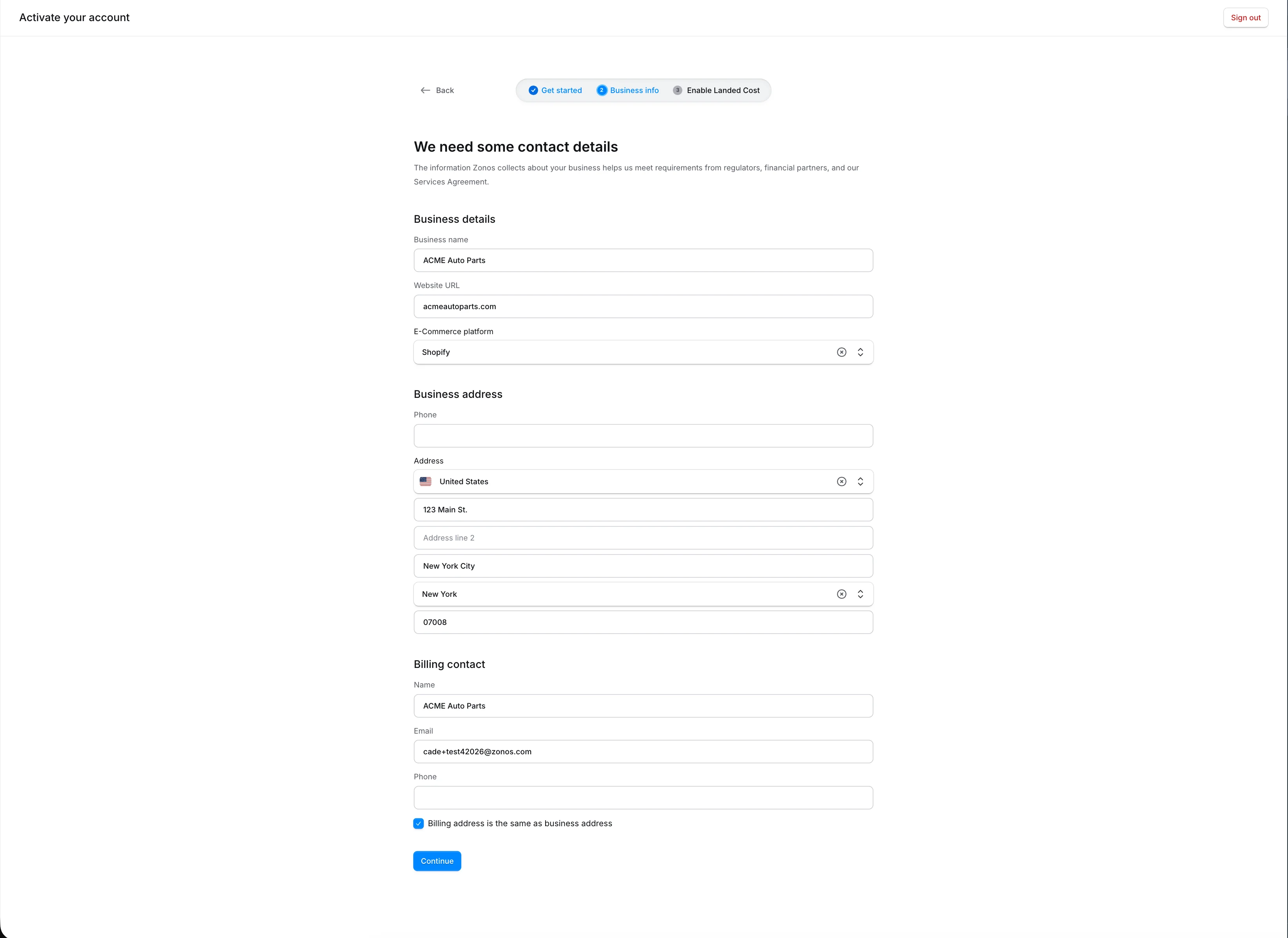Wizardstap met bedrijfsgegevens, adres en facturatiecontact