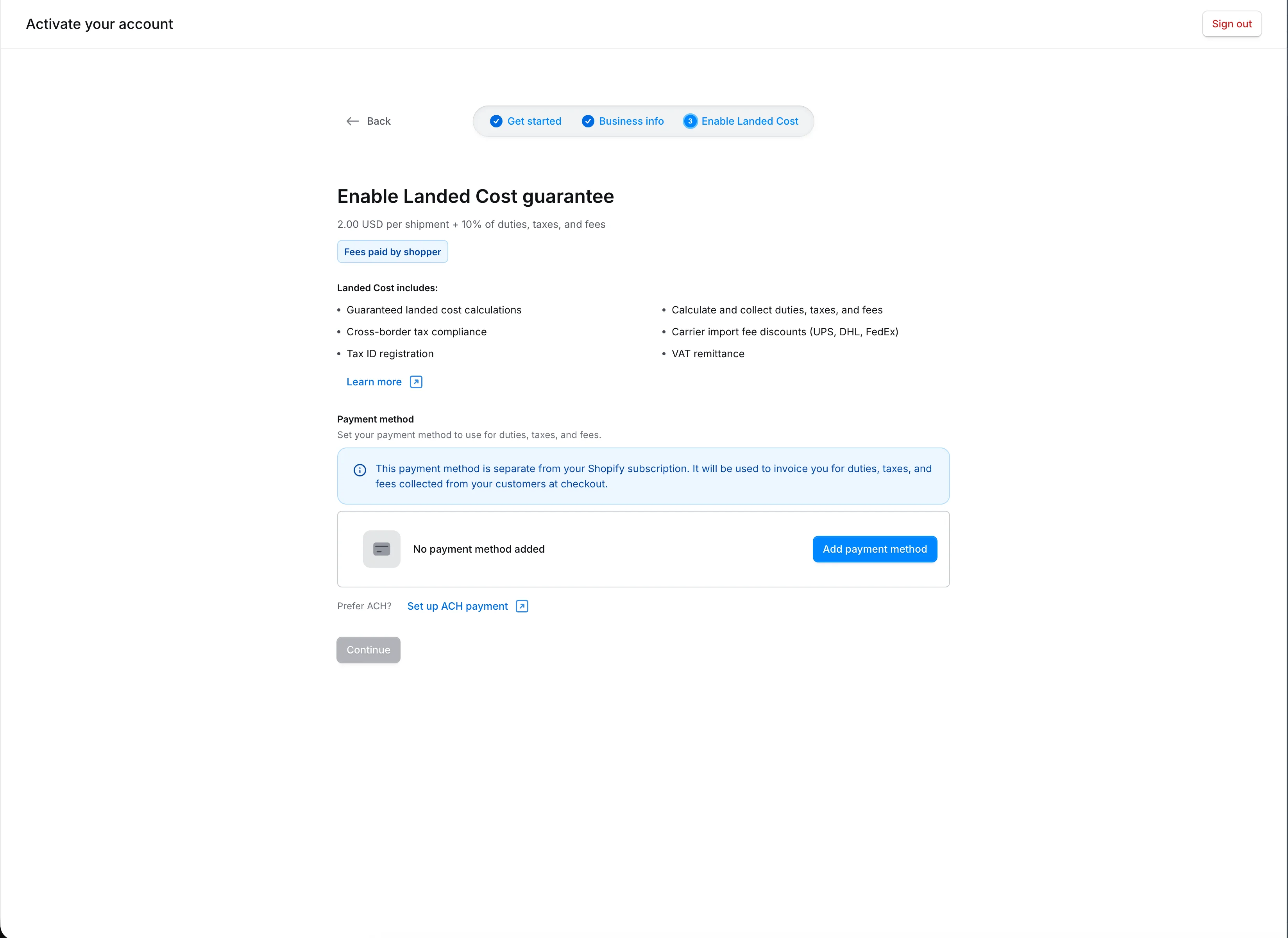 Wizardstap om Landed Cost in te schakelen en een betaalmethode toe te voegen