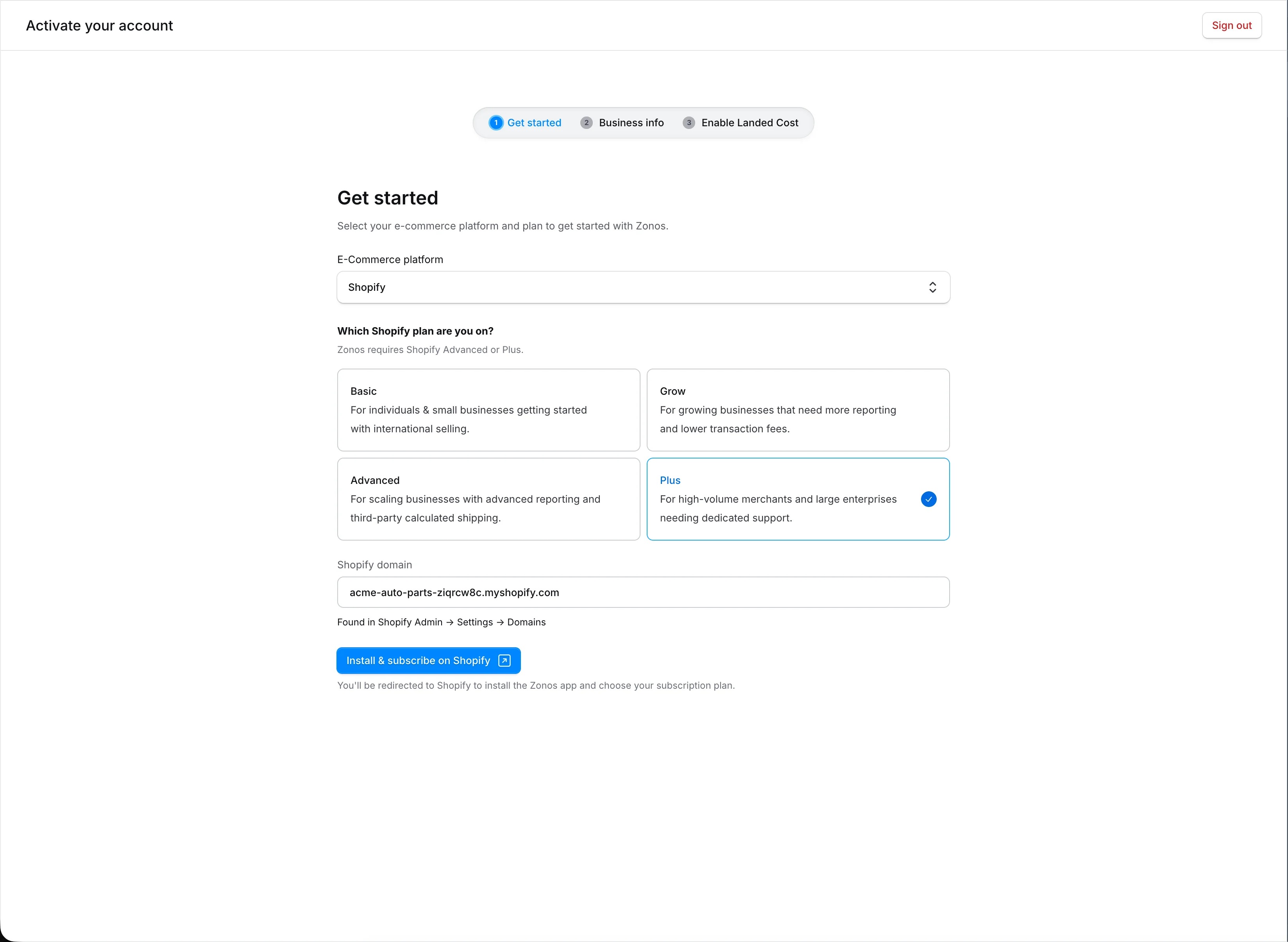 Wizardstap met Shopify-abonnementskiezer en domeinveld
