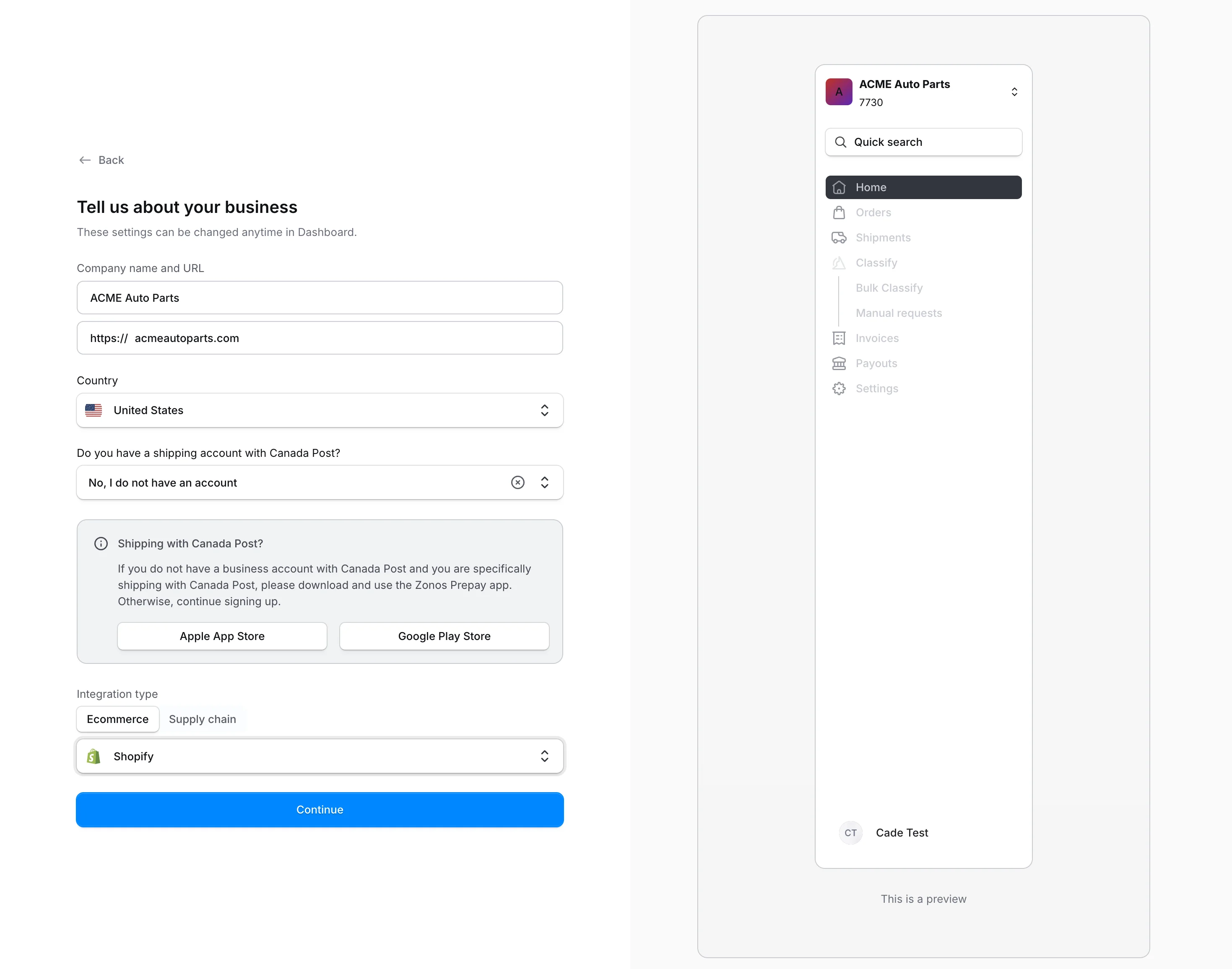 Zonos-accountregistratie met Shopify geselecteerd als platform