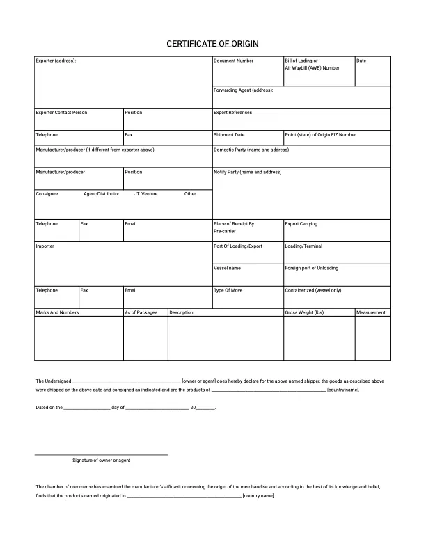 Voorbeeld van hoe een certificaat van oorsprong eruitziet