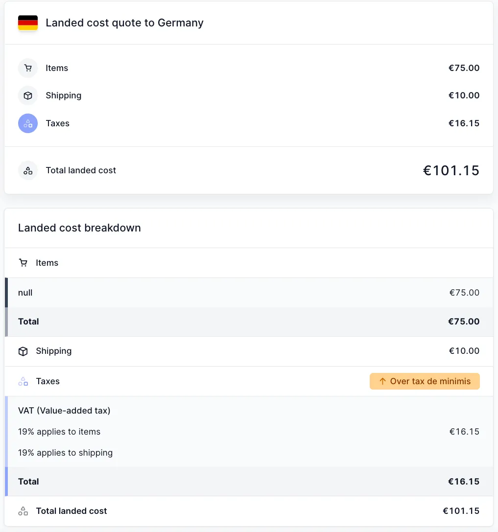 Voorbeeld van landed cost-overzicht voor Duitsland onder de de-minimiswaarde
voor invoerrechten