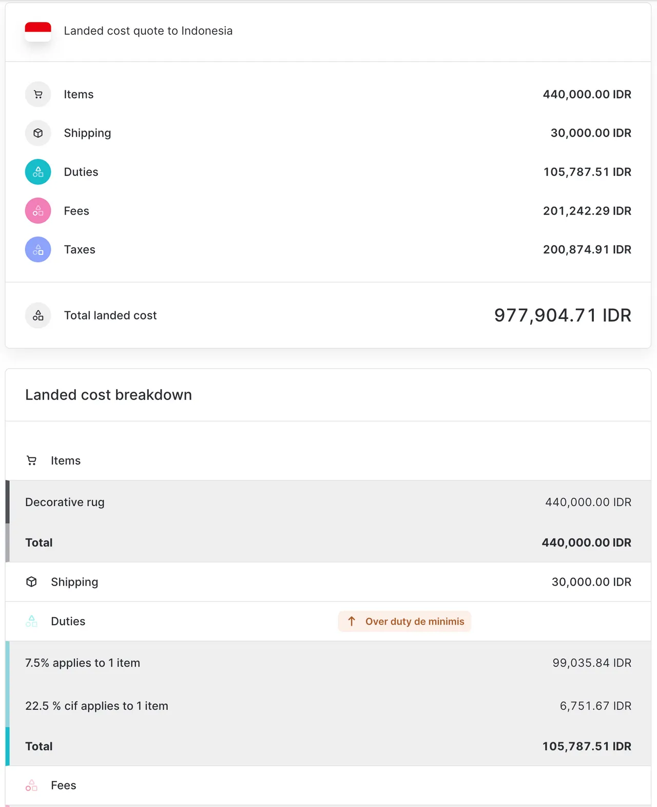 Een voorbeeld van landed cost voor een zending naar Indonesië boven de
de-minimiswaarde