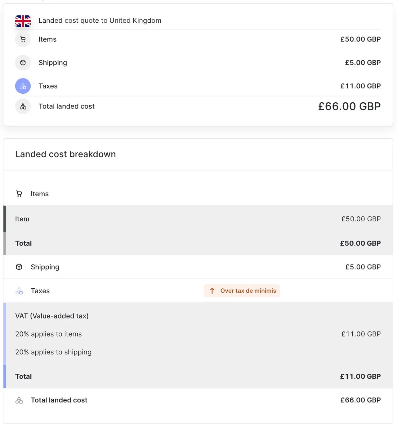 Landed cost-offerte voor een zending naar het VK onder de duty de
minimis
