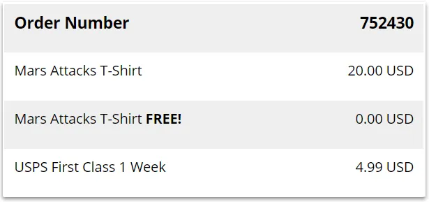 Afbeelding die een voorbeeld toont van een BOGO-order voor een
T-shirt.
