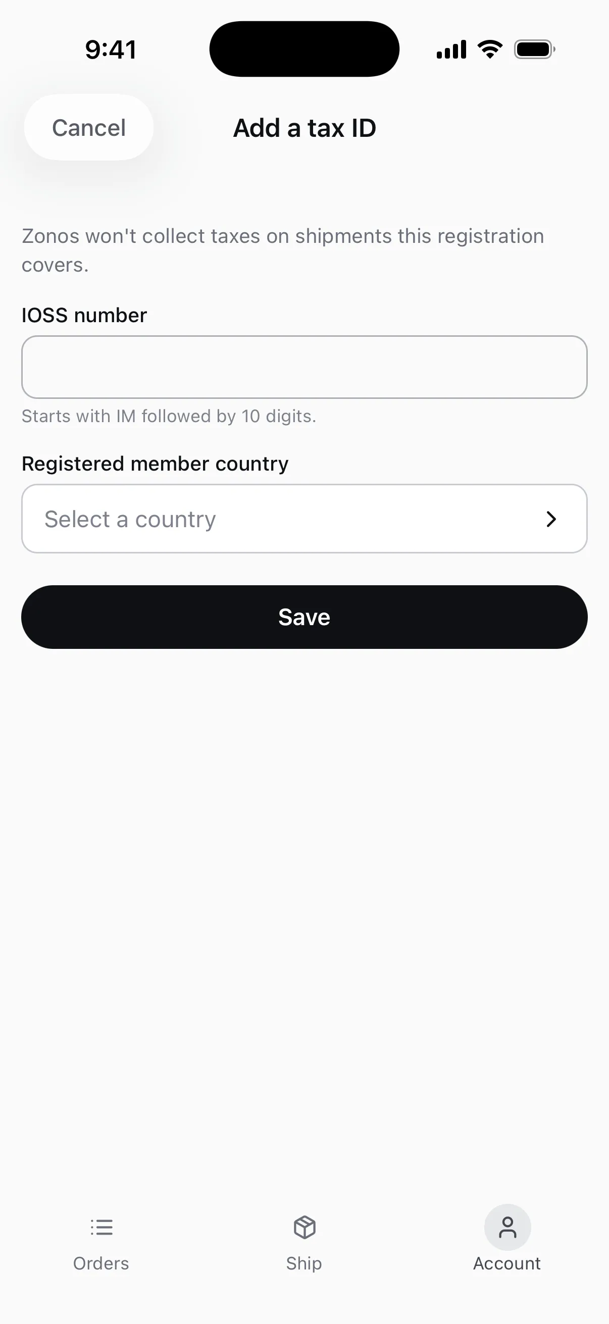 Het scherm Add a tax ID, met een veld voor het IOSS-nummer, een vervolgkeuzelijst Registered member country en een knop Save
