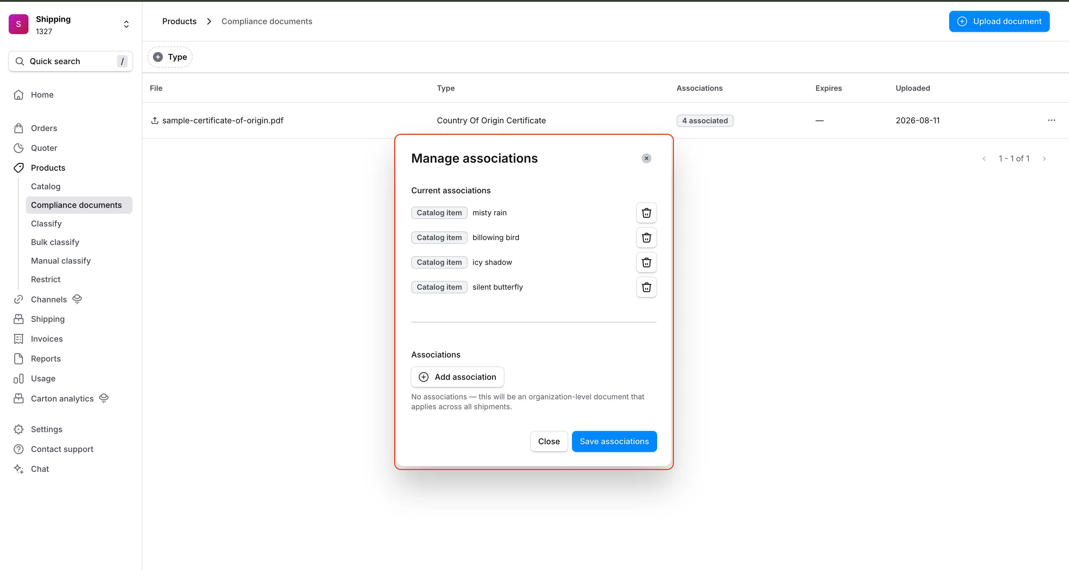 Dialoogvenster Manage associations met de huidige catalogusitemkoppelingen van een document en de optie om deze toe te voegen of te verwijderen