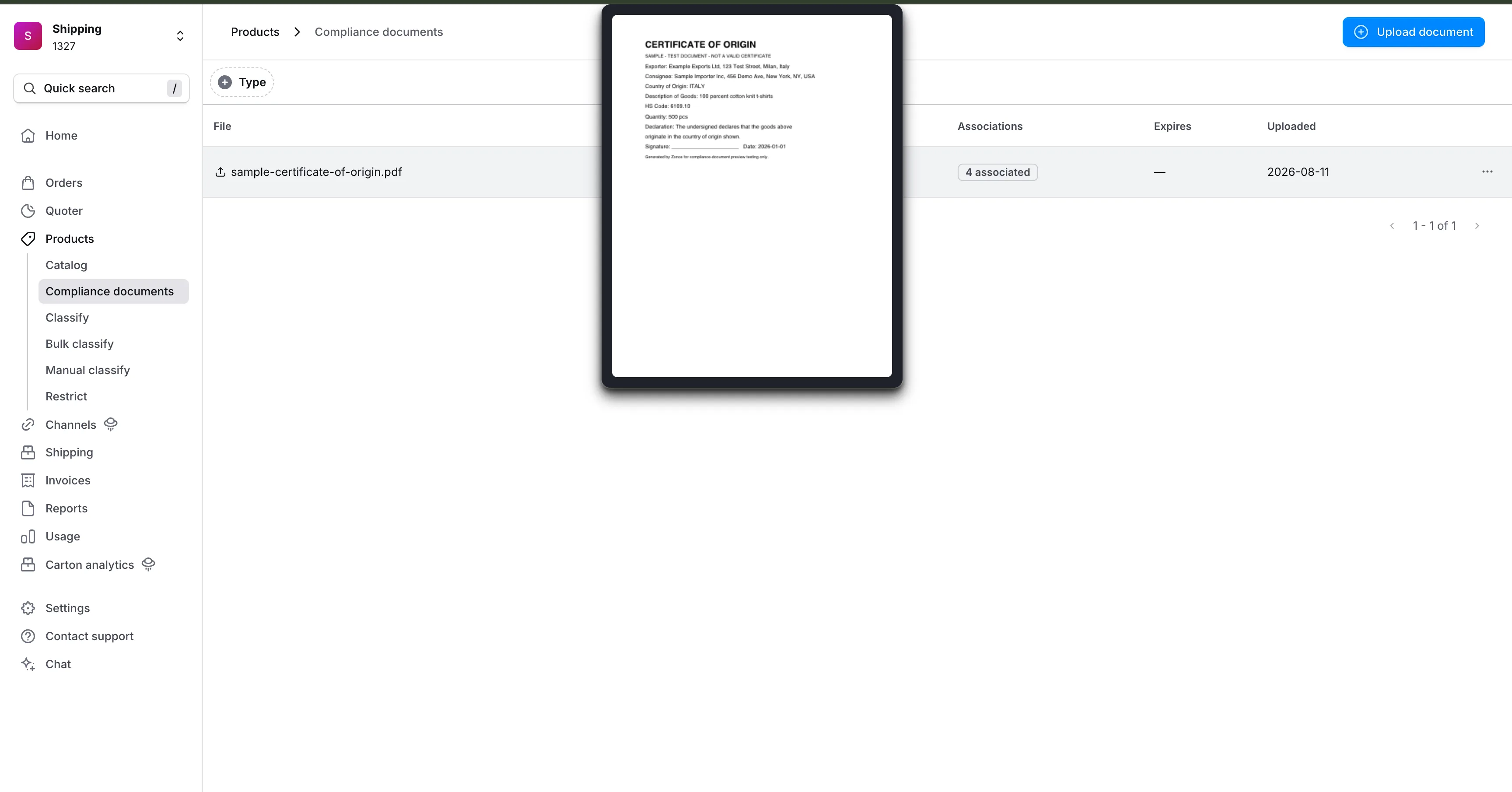 Directe weergave van een geüploade PDF met certificaat van oorsprong