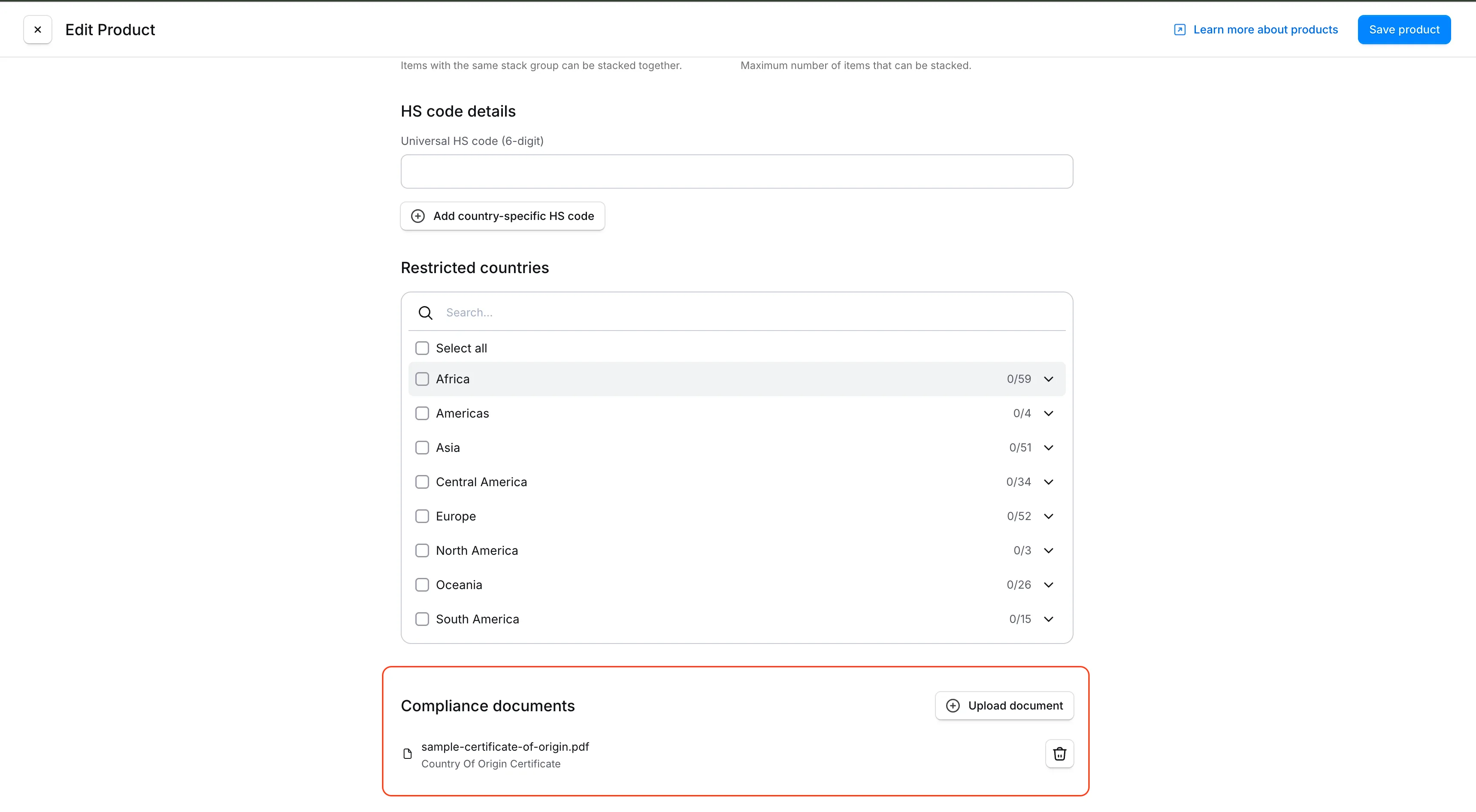 Sectie Compliance documents op de bewerkpagina van een product met een geüpload document vermeld