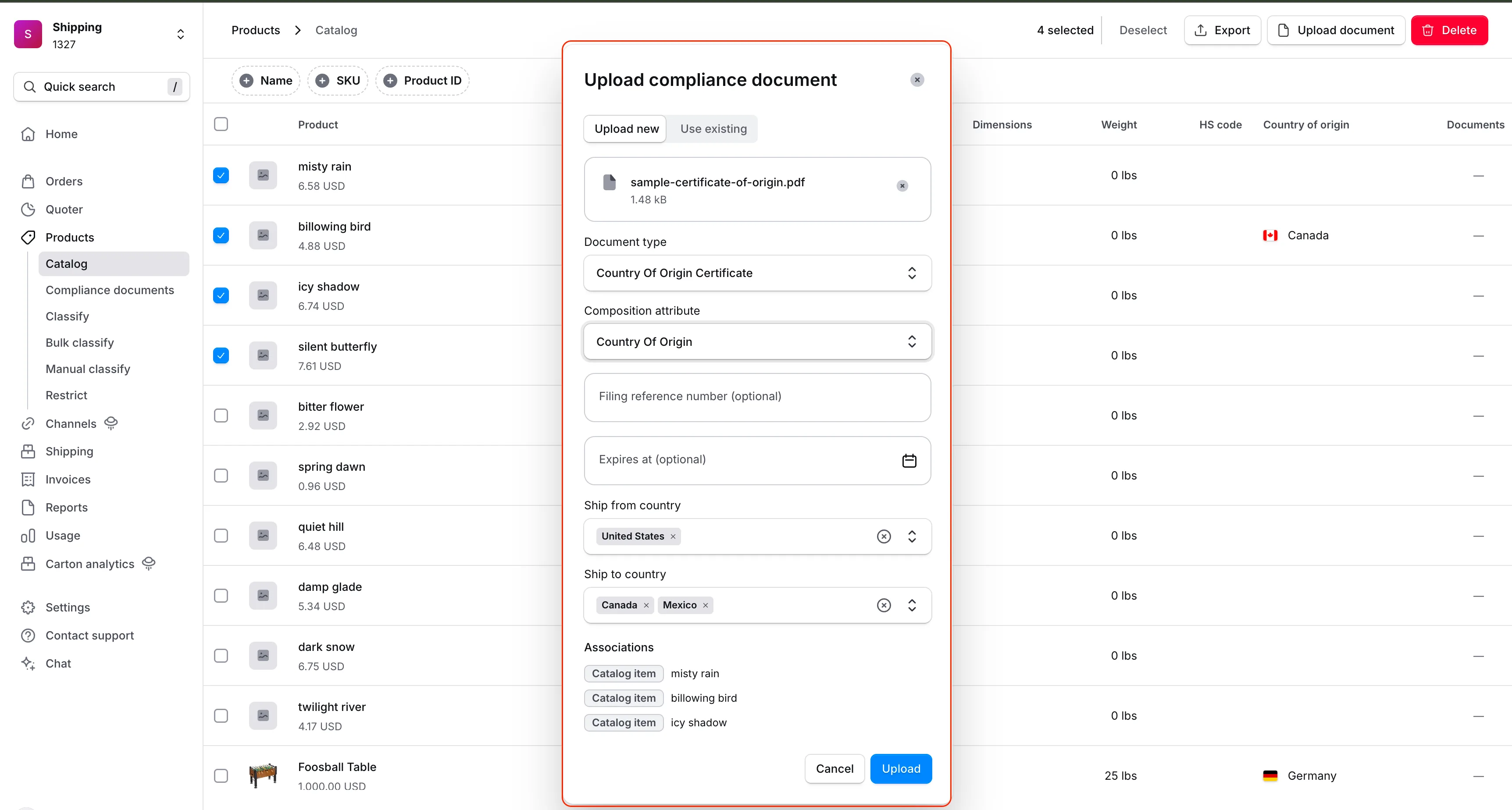 Dialoogvenster Upload compliance document met documenttype, composition attribute, vervaldatum, ship-from- en ship-to-landen en de geselecteerde productkoppelingen