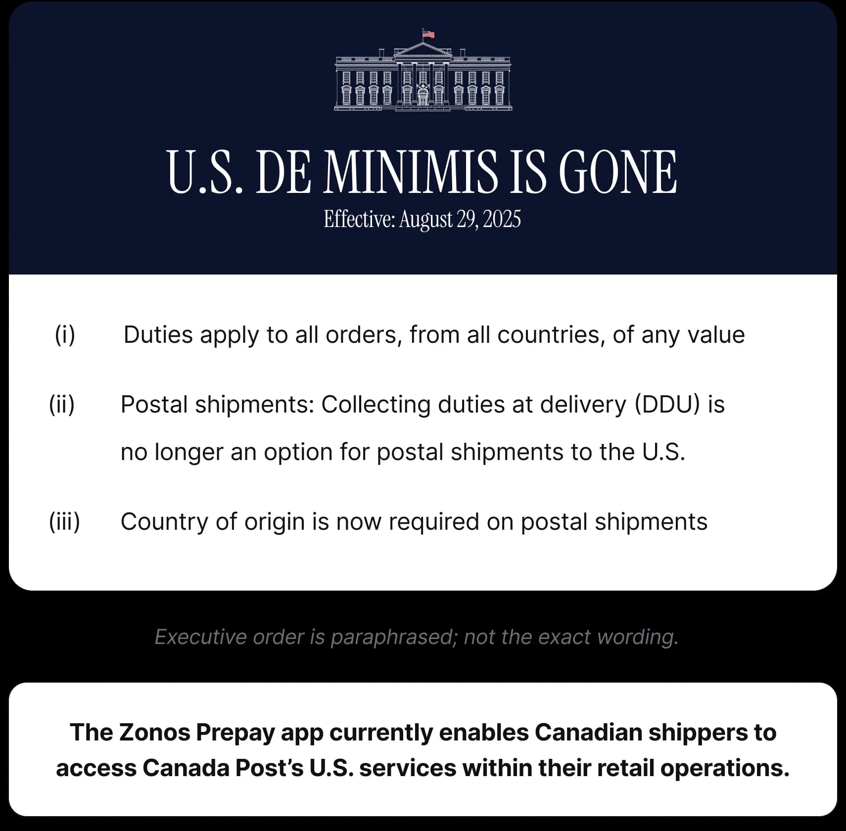 VS de-minimisregeling eindigde op 29 augustus 2025, met de Zonos-app beschikbaar voor Canada Post-verzenders