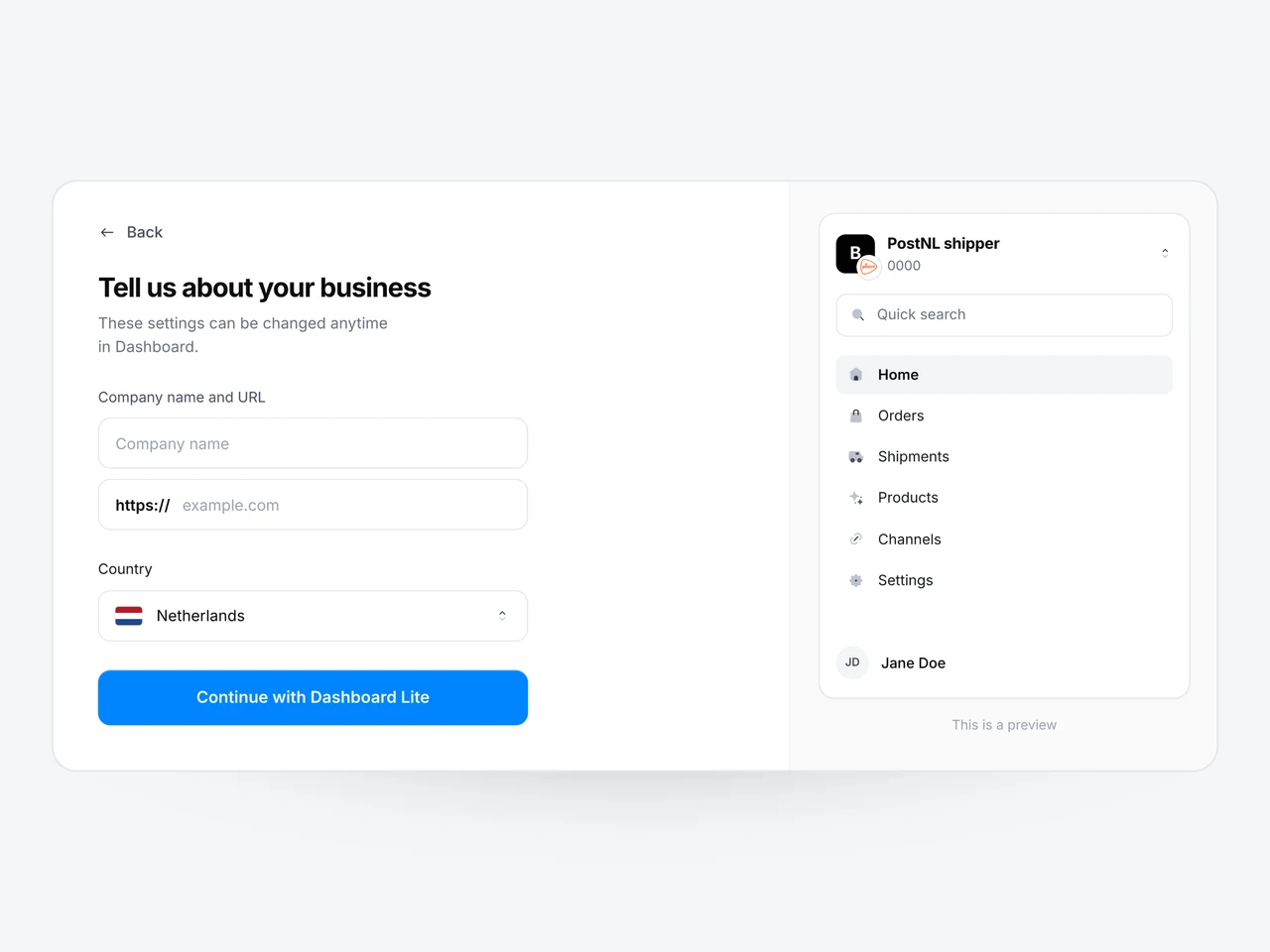Het Zonos-formulier voor bedrijfsgegevens, met daarnaast een PostNL-verzendersaccount in Zonos Dashboard