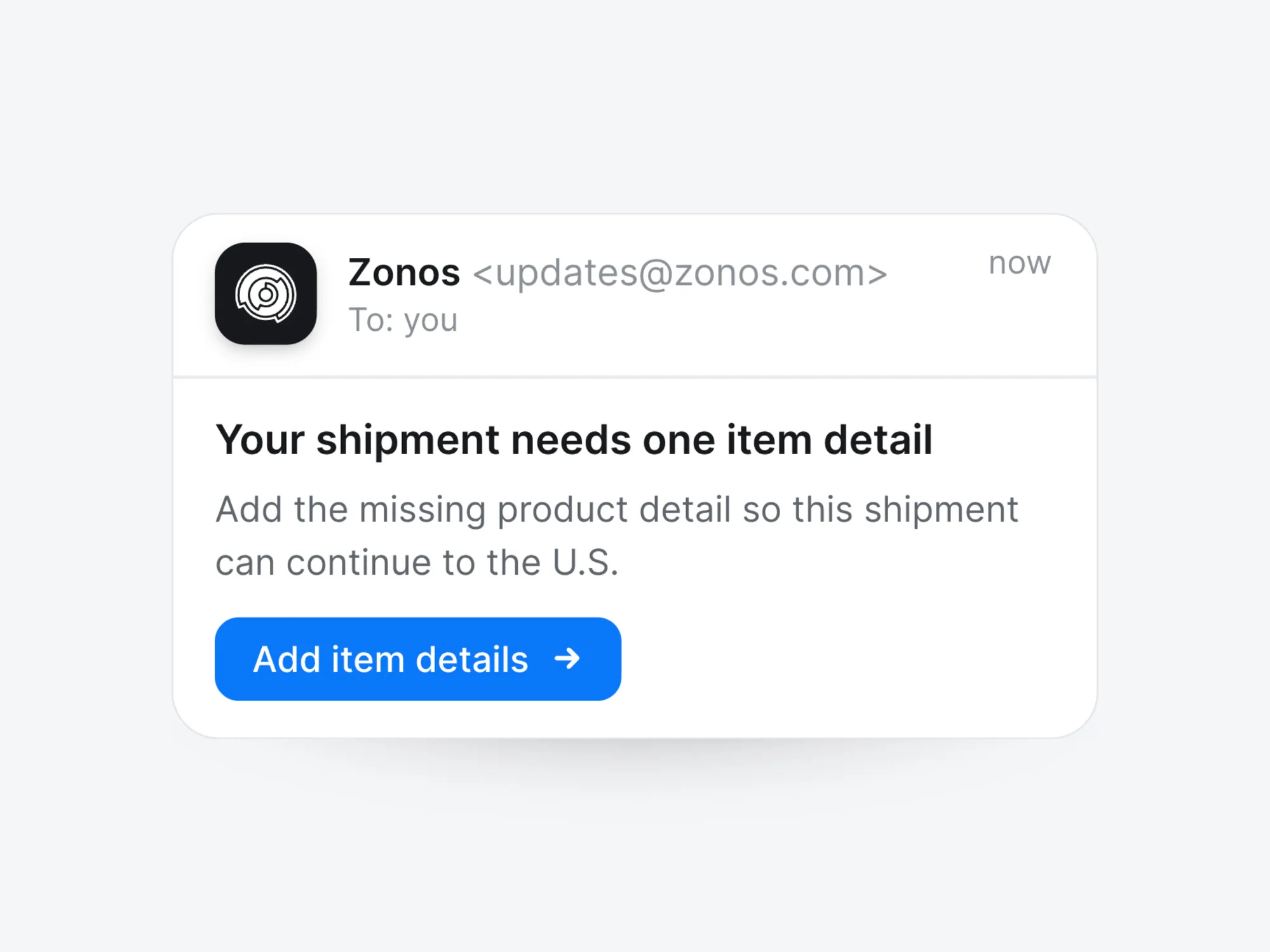 Een e-mail van Zonos waarin om één ontbrekend artikeldetail wordt gevraagd, met een knop Artikelgegevens toevoegen