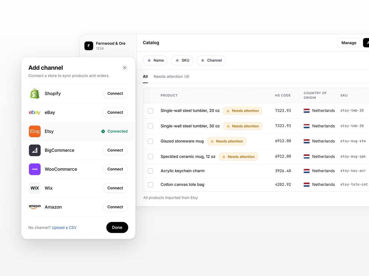 Het dialoogvenster Kanaal toevoegen in Zonos, met koppelingen voor Shopify, eBay, Etsy, BigCommerce, WooCommerce, Wix en Amazon en een optie voor CSV-upload, met daarachter een gesynchroniseerde Catalog